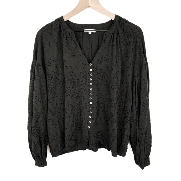Z Supply Mazzy‎ Stamped Button Front Balloon Sleeve Blouse Top, Black - Size M - Picture 4 of 11